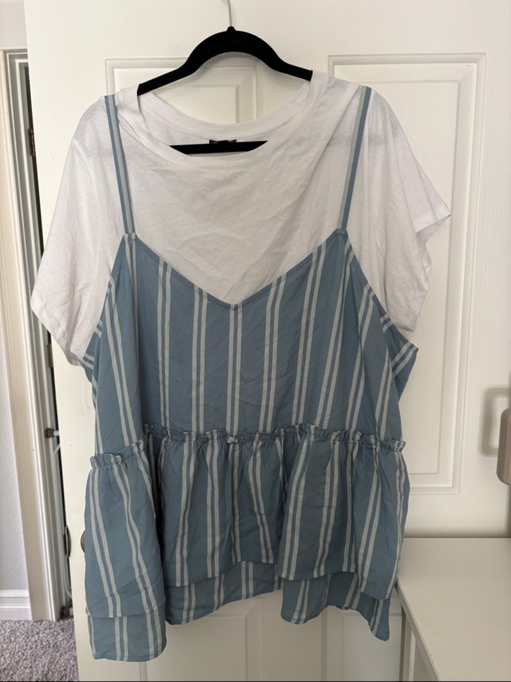 torrid Blue and White Striped babydoll Ruffle-Hem Camisole with white tee under